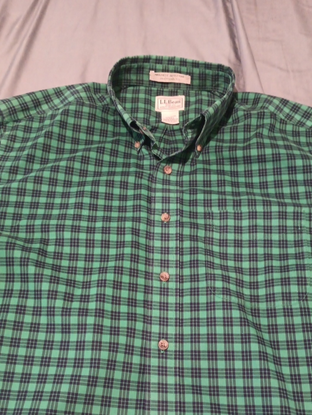 L.L. Bean Men's Green and Navy Plaid Button-Down Shirt